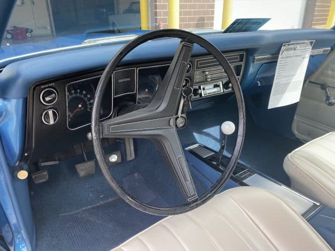classic car, chevelle, 396, ss, blue, muscle car, dash board, steering wheel, blue dash, white seats