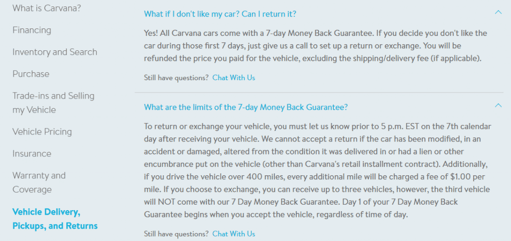 CARVANA FAQ On RETURNS