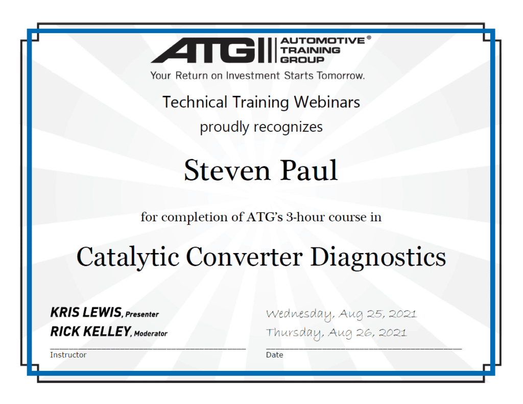 ATG Catalytic Converter Diagnostics Certificate Steven Paul