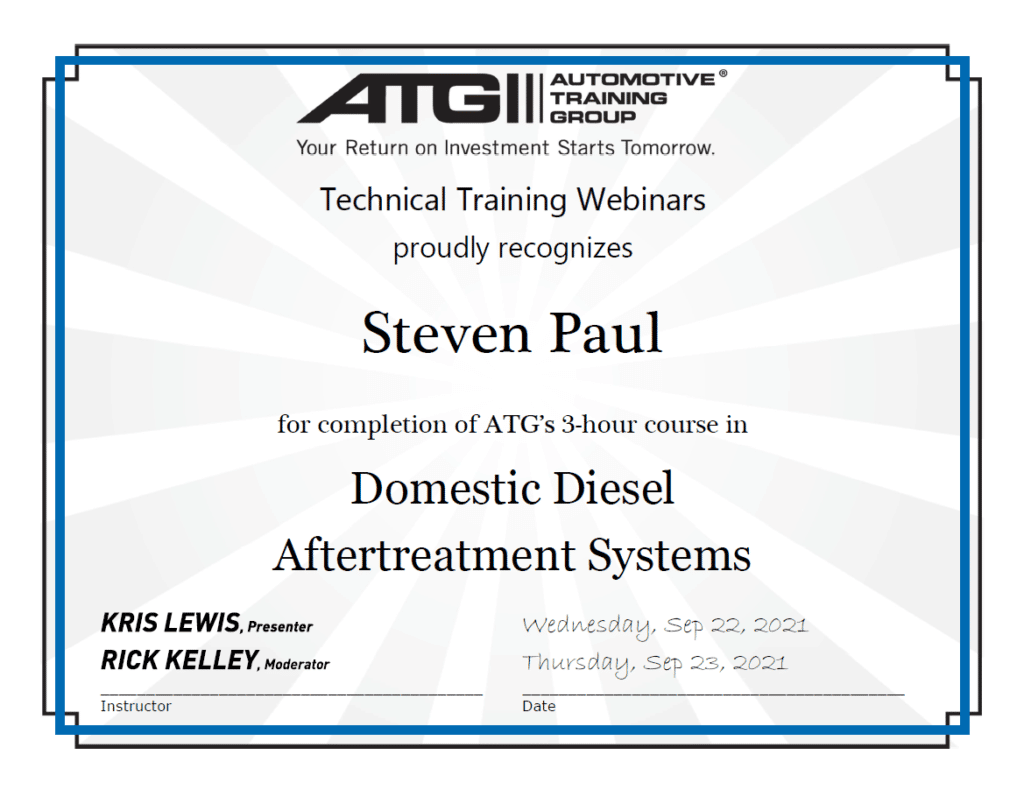 ATG Domestic Diesel Aftertreatment Certificate Steven Paul