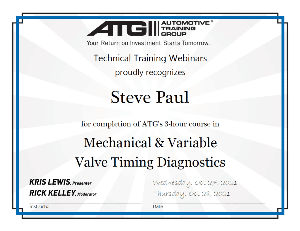 ATG Mech Variable Valve Timing Diagnostics Certificate Steven Paul
