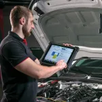 A technician conducts a vehicle diagnostic scan to evaluate car health