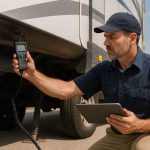 Certified RV inspector conducting a 5th wheel RV inspection at a campground