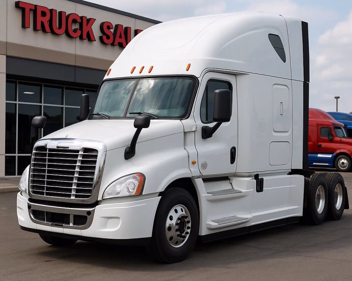 White semi truck with aerodynamic cab parked in front of a commercial truck dealership, ideal for business use